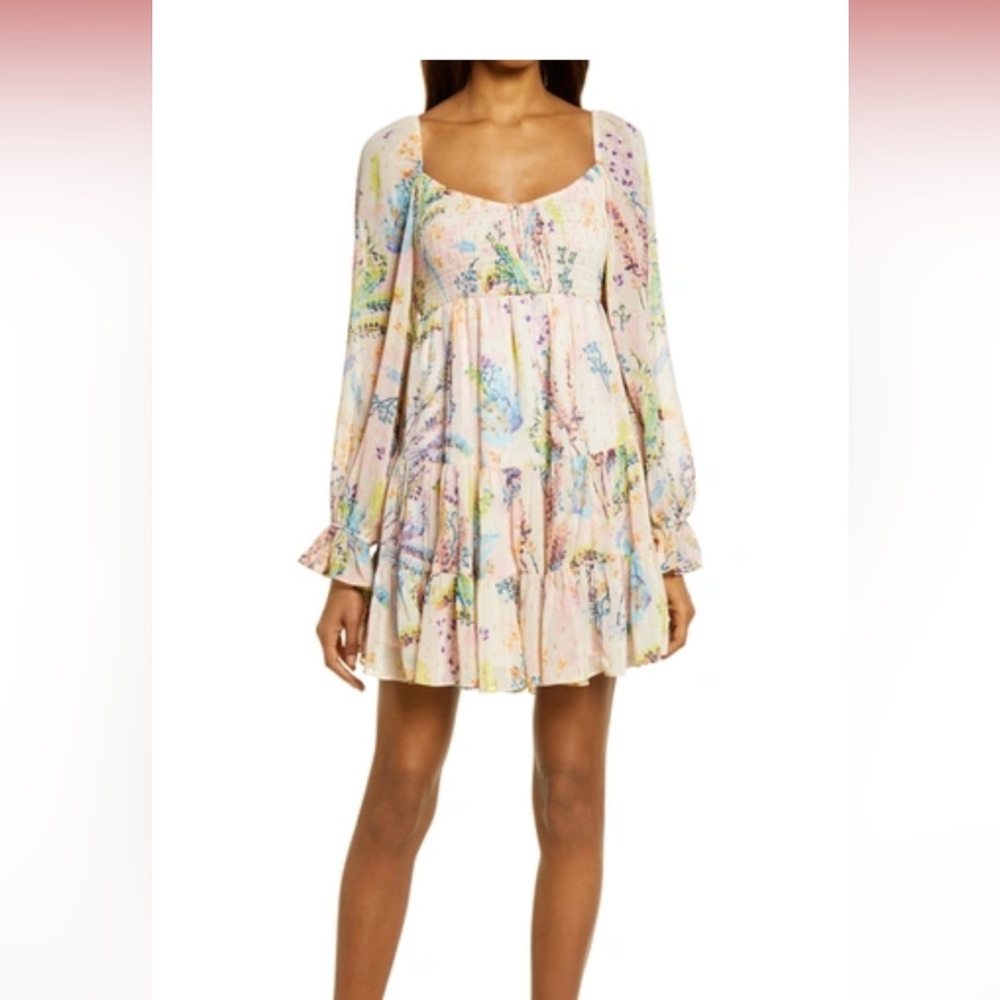 BTFL-life
Floral Metallic Dot Long Sleeve Babydoll Dress